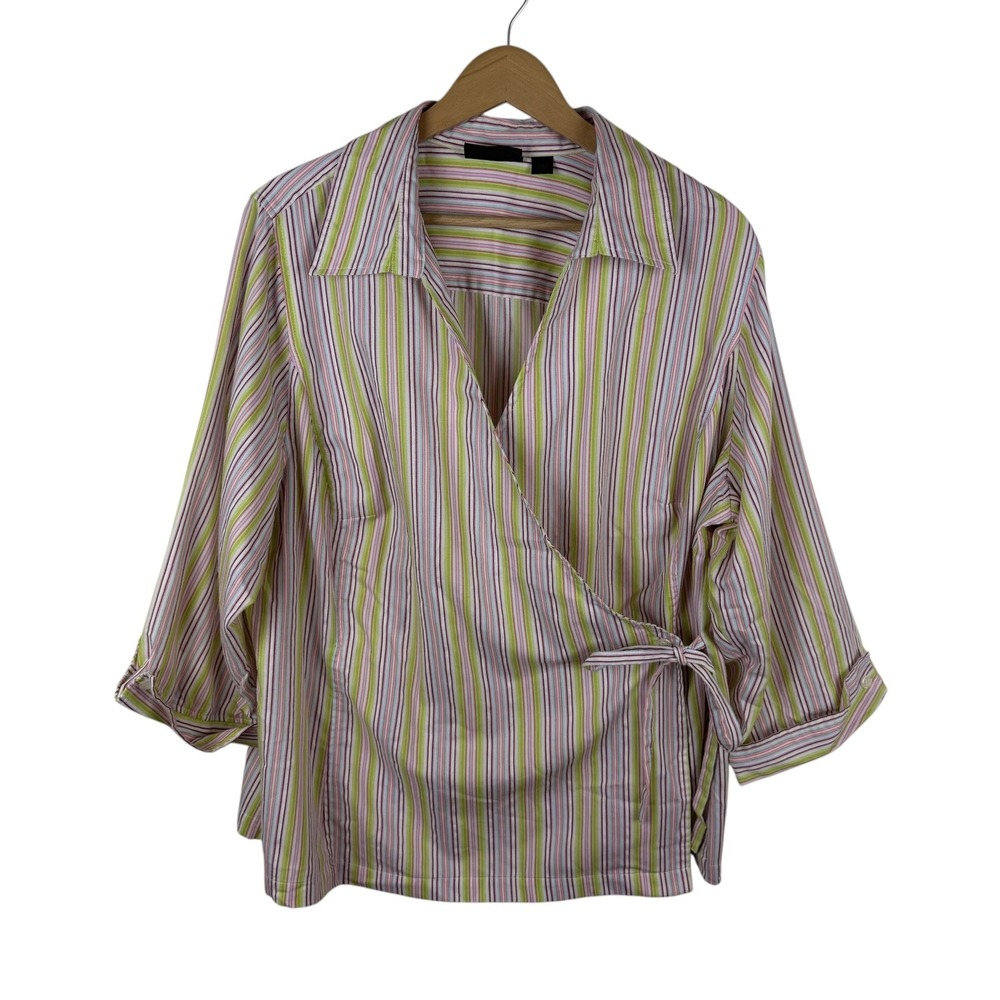 Avenue Striped Wrap Blouse Size 22/24 Multicolor Rainbow Pastel Preppy Colorful